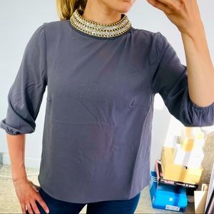 MOA MOA GREY blouse top, scoop neck with chains and crystals, business casual
